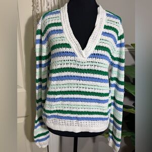 CAbi V-Neck Sweater - Green, Blue, White Stripes
